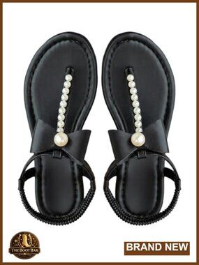 Pearl Beaded Flat Sandals Faux Leather Wedding Beach Shoes